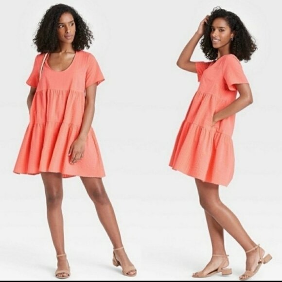 A NEW DAY Flutter Tiered Textured Babydoll Dress Sz M Peach Flowy Oversized - Picture 1 of 8